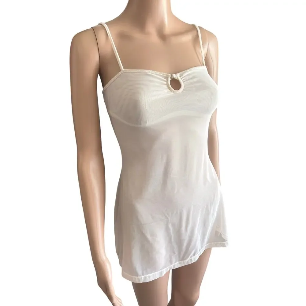 Y2K La Senza Sheer Mesh Lingerie Cami Slip Top Tunic White Rhinestone XS